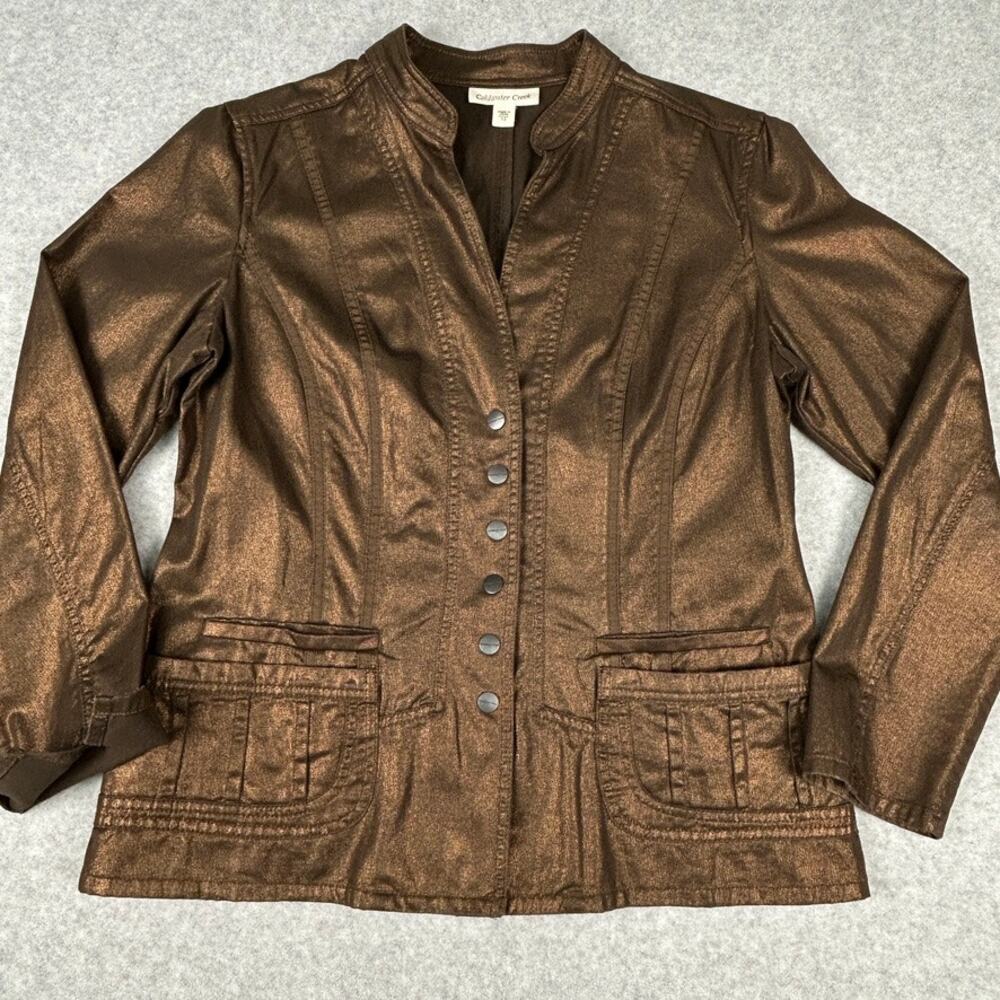 Coldwater Creek Metallic Jacket Bronze Copper Snap Front Size 12 Stand Collar